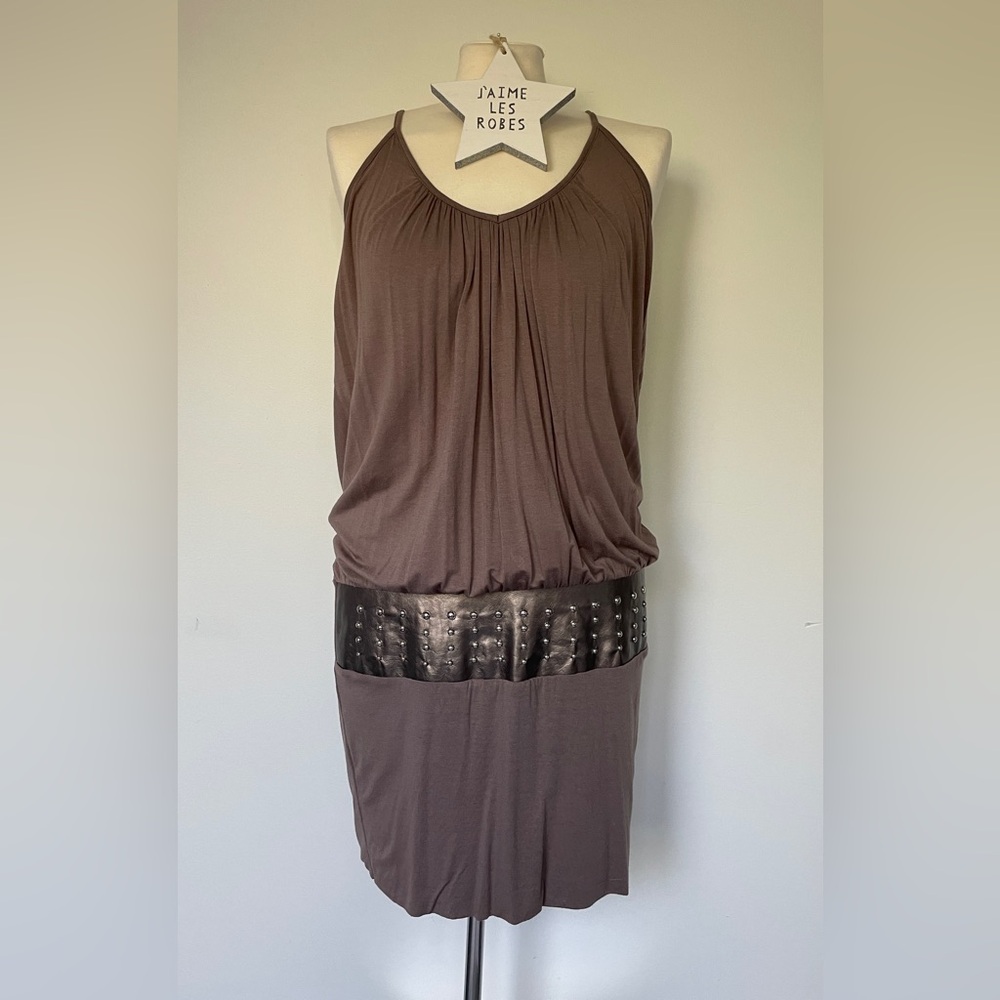 ISABELLA Taupe Embellished Belt Halter Midi Dress